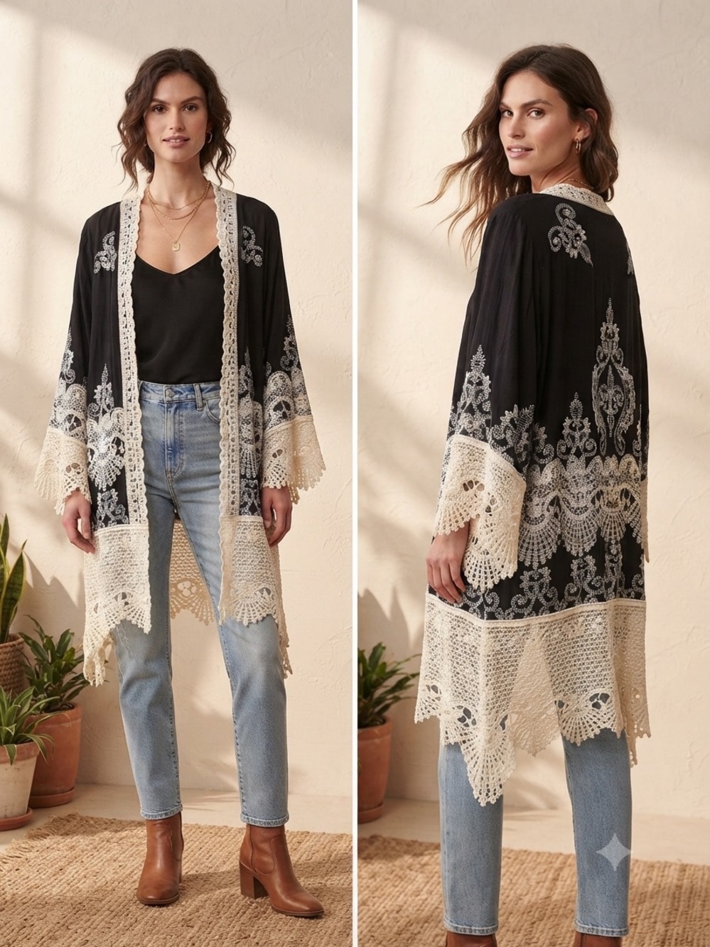 Solitaire Black White Embroidered Crochet Lace Kimono Cardigan Cover Up Size 1X